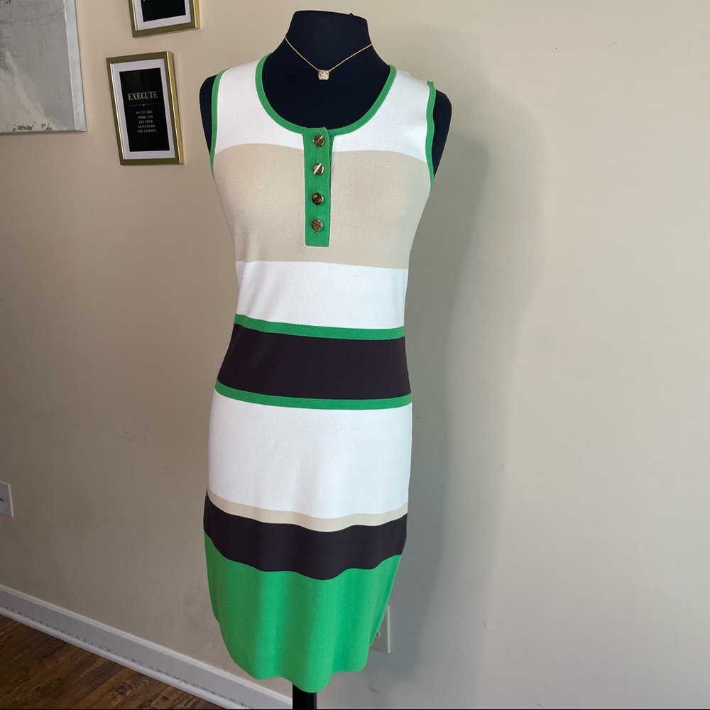 Milly of New York Green Cream Brown Colorblock Stripe Dress